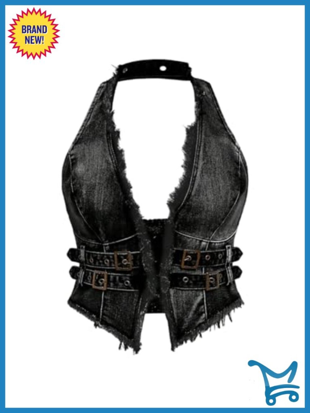 Plus Size Frayed Denim Halter Top Buckle Backless Punk Jean Crop Top